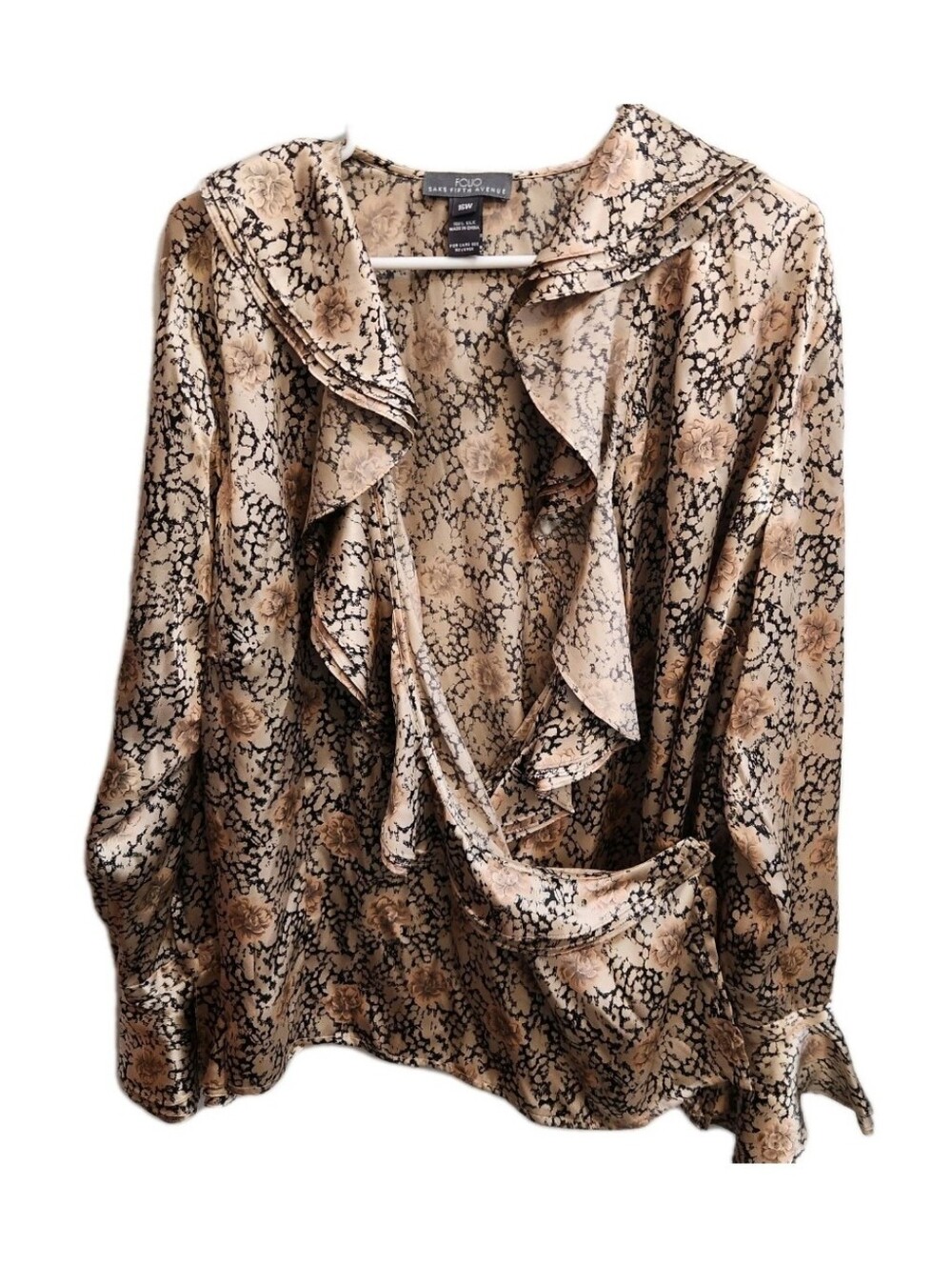 FOLIO Saks Fifth Avenue Charmeuse Silk Wrap Blouse Sz. 16W Ruffle Details Golden
